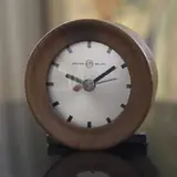 Gilbert Rohde, table clock, c. 1935, walnut, lacquered wood, glass, enameled metal