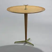 snack table, model #4856 by Edward Wormley, c. 1948, walnut, birch burl, brass, sold Mar 2007