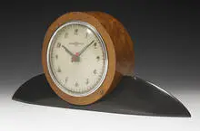 attribution Gilbert Rohde, table clock, c. 1945, burled maple, lacquered wood, glass