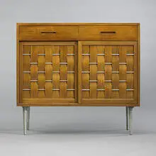 woven-front cabinet, model #5665 by Edward Wormley, 1956, bleached mahogany, aluminum, sold Mar 2007