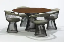 dining table, model #3716T and four dining chairs, model #1725A by Warren Platner, 1966, walnut, bronzed steel, upholstery, sold Mar 2007