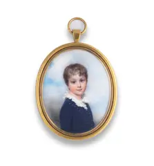 William Wood, A portrait miniature of a boy, wearing blue Eton suite and white frilled collar.