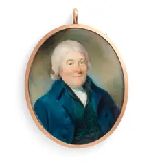 Ara Horace Hone, A portrait miniature of a gentleman, wearing white chemise, blue coat and waistcoat.