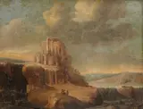 David de Hooch, An extensive river landscape with a family before ruins