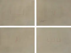 Fred Sandback, One of ten constructions 74 Front St. red variants, 1980, Folge von 4 Zeichnungen: Pastellkreide in Rot und Bleistift, jeweils auf grauem Papier