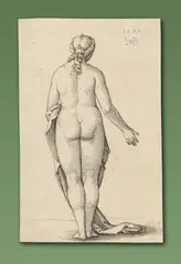 Hans Sebald Beham, Weiblicher Rückenakt nach Albrecht Dürers (1741–1528) Proportionsfigur, 1537, Tuschfeder auf Büttenpapier