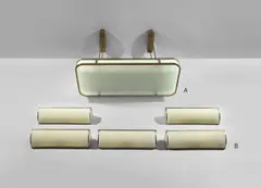 Hans Poelzig, Zehn Wandlampen – wohl für das Verwaltungsgebäude der I.G. Farben, Frankfurt am Main, Um 1930, Kupferprofile, vermessingt; Plexiglas, geriffelt; Glas; Eisenblech, lackiert; Leuchtstoffröhren, Vorschaltgerät von Siemens (Siemens Halske)
