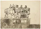 Gerhard Altenbourg, Das Familienidyll auf dem Balkon, 1951, Tuschfeder, Litho- und Pittkreide, laviert, auf Papier