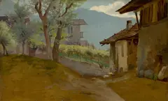Friedrich Wasmann, Auf einem Weingut in Meran (Sandgruberhof), Öl auf Papier auf Pappe
