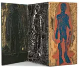Markus Lüpertz, Paravent, 1986, Paravent aus 3 Holzflügeln, beidseitig mit Hohleisen bearbeitet und mit Acryl bemalt, der mittlere Flügel beidseitig mit bedruckter Leinwand bespannt