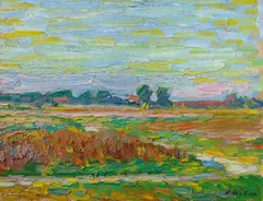 Franz Nölken, Flache Feldlandschaft, Um 1906, Öl auf Pappe, auf Spanplatte aufgezogen
