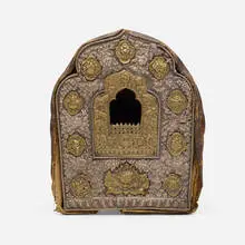 Tibetan, gau (prayer) box, silvered bronze, bronze, copper alloy bronze, leather, cloth