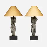Yasha Heifetz, figural table lamps, pair, c. 1955, carved, painted and limed oak, painted wood, paper shades