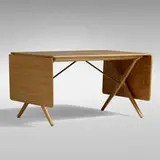 drop-leaf dining table by Hans J. Wegner, c. 1960, teak, oak, brass, sold Jul 2020