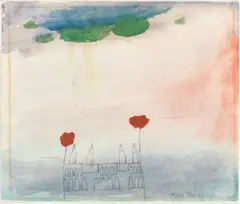 Mary Newcomb, Gothic House with Poppies, pencil and watercolour on paper