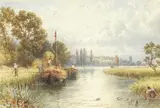 River scene with people loading hay barges and collecting water by Rws Myles Birket Foster, sold Nov 2021