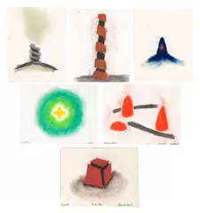David Nash R.A., Red Box, Red Cones, Green Circle, Tower, Large Mound, Small Mound, pastel drawing, signed and inscribed and dated XMAS, '98, together with 3 others all inscribed with hand written notes to the recipient of the cards, Robert Hopper, 6