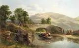 John Frederick Tennant, A narrowboat passing under a bridge, mountains beyond, oil on canvas