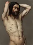 Academic standing male figure with arms raised by Continental School, oil on canvas, sold Jun 2021
