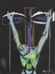 Graham Sutherland O.M., Crucifixion II, pastel and gouache over a printed base on paper laid on board
