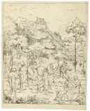 Karl Philipp Fohr, Begegnung auf der Falkenjagd“. 1816 (?), Feder in Schwarz, teilweise über Bleistift, auf Velin (Wasserzeichen: R. SCHMID)