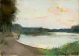 Lesser Ury, Bewaldetes Seeufer (Sacrower See?), 1896, Pastell auf Pappe