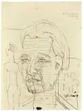 Der Reichskunstwart Edwin Redslob by Ernst Ludwig Kirchner, 1924, Tuschfeder und -pinsel in Schwarz und Braun auf gelblichem Papier, sold Oct 2018