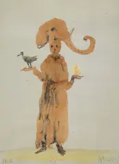 Miquel Barceló, Scène Mystique Avec Tête d´Éléphant, 2000, Aquarell und Tuschfeder auf grauem Papier