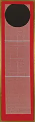 James Lee Byars, Ohne Titel, 1979, Collage und Bleistift auf Transparentpapier, auf roter Baumwolle