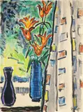 Tulpen in blauer Vase by Karl Schmidt-Rottluff, 1966, Farbkreide und Tuschpinsel auf Papier, sold Nov 2012