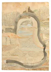 Gerhard Altenbourg, Helmkopflandschaft, 1989, Aquarell, Gouache, Sepia, Rötel, Tusche und diverse Kreiden auf genarbtem Velin