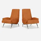 Gigi Radice, armchairs, pair, c. 1960, upholstery, enameled steel, brass