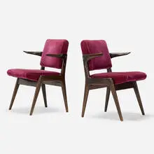 Robin Day, dining chairs, pair, c. 1955, upholstery, mahogany