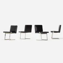Phillip Enfield, custom dining chairs, set of four, c. 1965, stainless steel, leather