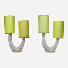 Kelby, table lamps, pair, c. 1965, glazed ceramic, parchment, leather, steel