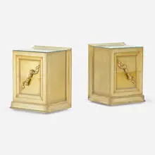 James Mont, nightstands, pair, c. 1950, silver leaf over wood, glass