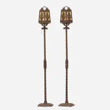 nautical torchères, pair by Oscar Bach, c. 1925, patinated bronze, textured glass, sold Jul 2020