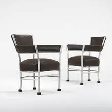 armchairs, pair by Warren McArthur, c. 1930, spun aluminum, leatherette, sold Oct 2006