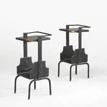 occasional tables, pair by Jacques Adnet, c. 1950, leather over steel, brass, sold Oct 2006