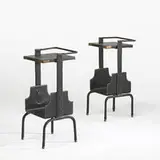Jacques Adnet, occasional tables, pair, c. 1950, leather over steel, brass