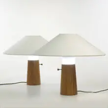 George Nelson, table lamps, pair, c. 1952, turned birch, hand-blown milk glass, linen