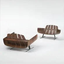 lounge chairs, pair by Jorge Zalszupin, c. 1970, rosewood plywood, chrome-plated steel, suede, sold Oct 2006