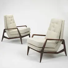 Vladimir Kagan, lounge chairs, pair, c. 1953, walnut, upholstery