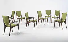 Shield Back dining chairs, set of eight by Vladimir Kagan, c. 1965, walnut, upholstery, sold Oct 2006