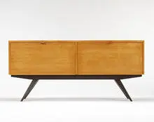 cabinet, model #120 by Florence Knoll, c. 1947, birch, mahogany, leather, sold Oct 2006