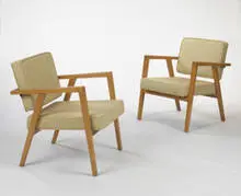 armchairs, pair by Franco Albini, c. 1954, beech, upholstery, sold Oct 2006
