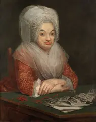 Portrait of a woman preparing shoe buckles by Dominique Doncre, oil on canvas, sold Oct 2021