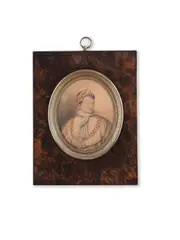 Portrait of Napoleon wearing Coronation regalia by Jean-Baptiste Isabey, pencil and watercolour, heightened with white, oval, sold Oct 2021