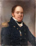 Domenico Pellegrini, Half-length portrait of Sir Thomas Masterman Hardy (1769–1839), wearing his captain's 1795–1812 undress uniform of stock, cravat, epaulettes and dark blue jacket, his Trafalgar Medal displayed, oil on ivory, in red leather case