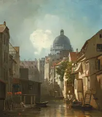 Albert Schwendy, Blick vom Mühlengraben auf die Schlosskuppel (Berlin), Um 1850, Öl auf Leinwand. Doubliert